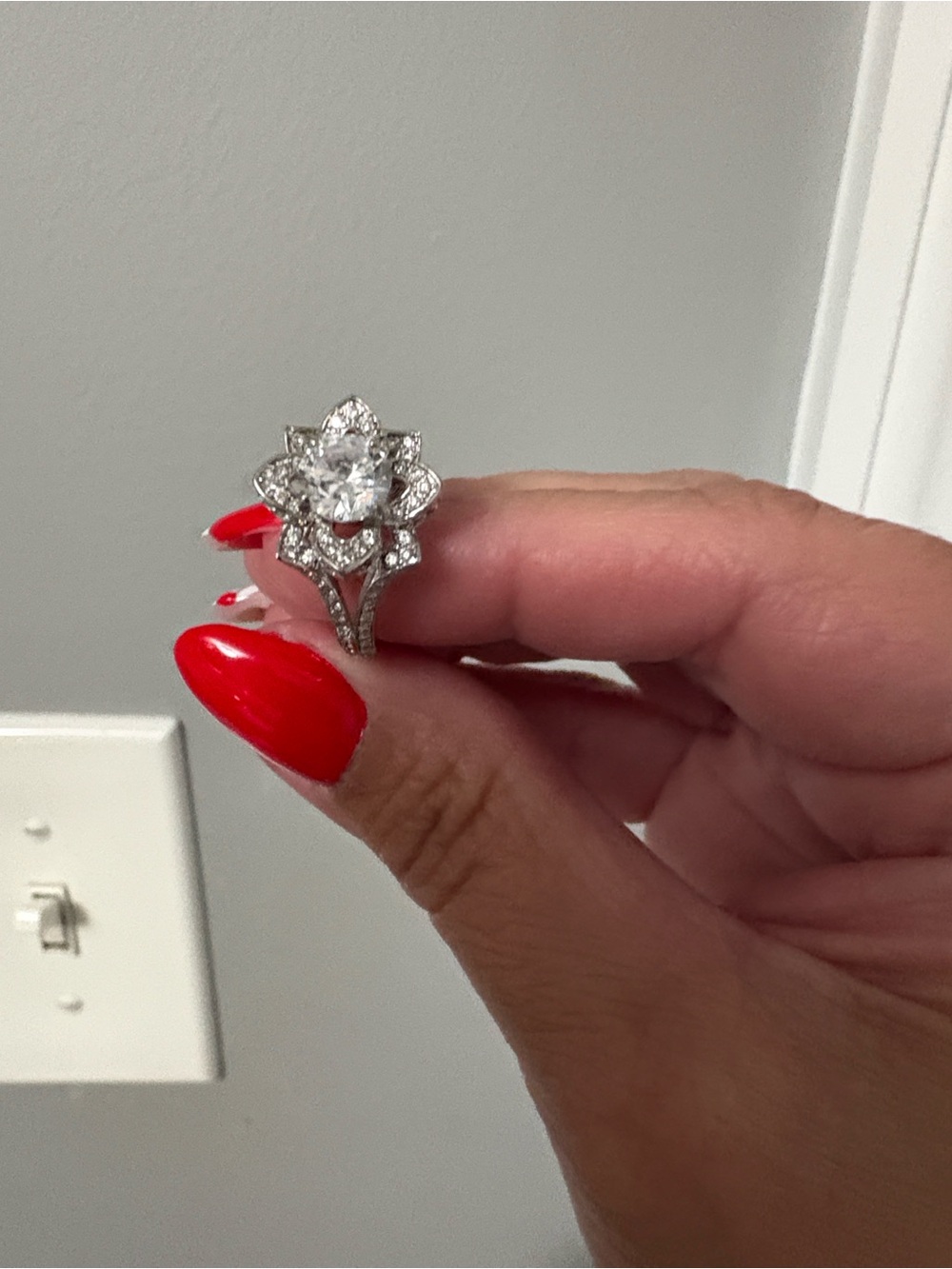 Red Oval Halo Cocktail Ring with Clear Accent Stones - Picture 5 of 16